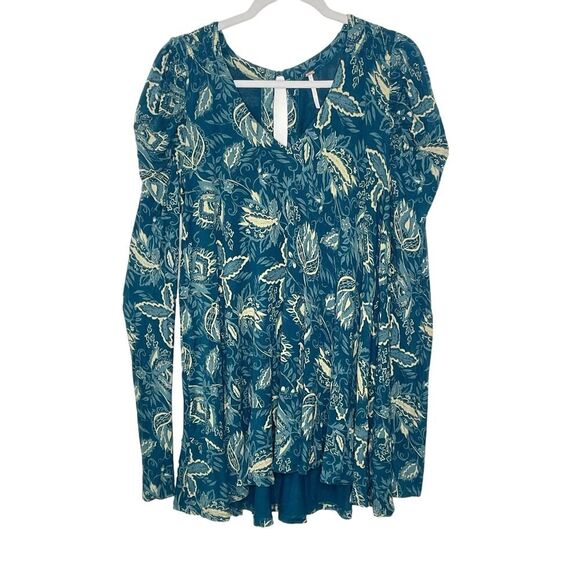 Free People Aqua Blue Baroque Boho Flowy Long Sleeve Top Size Small - Picture 2 of 11